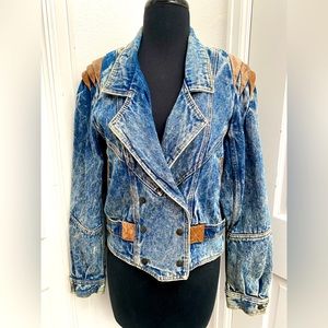 Vintage 1980’s Stone Washed Denim Leather Trimmed Jacket Size M